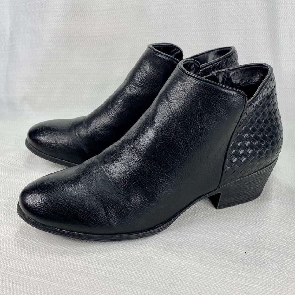 Fergalicious by Fergie Paige Black Woven Faux Leather Ankle Boots Size 5.5